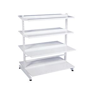 SGONDOLA SPUR® Shelving freestanding Gondola unit, double sided with 4 shelving levels. This shelving unit is ideal for storing items such as books, files or small boxes.   Unit can be assembled with wheels.  ...