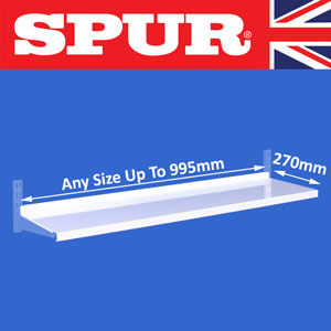 Genuine Spur Classic Steel Shelves 270mm deep with airflow upstand White Spur Shelving strong wall mounted shelving with shelving uprights shelf brackets 40/270SSteelShelfWhite.jpg